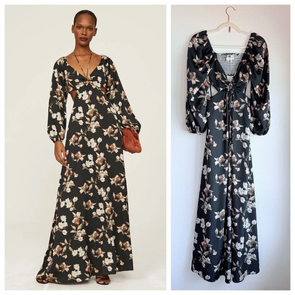 Sachin & Babi Cassandra Floral Long Sleeve Cut Out Gown in Black Size 2